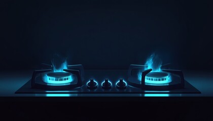 A sleek, black gas stovetop with two ignited burners features bright blue flames, set against a dark backdrop.
