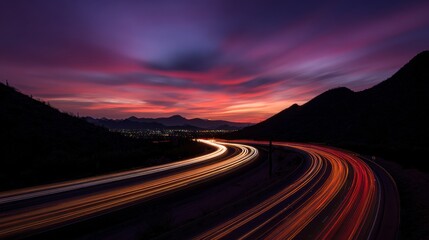 Fototapeta premium Streaks of light on a winding road under a dramatic sunset sky