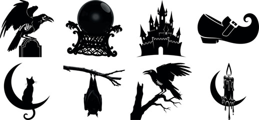 Vector art of set of halloween icons featuring a raven, crystal ball, haunted castle, and witch shoe