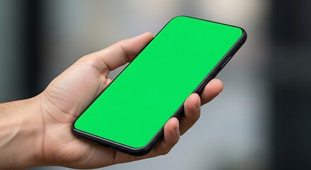 Hand Holding Smartphone with Green Screen for App Mockup.