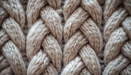 The image shows the detailed texture of a cable knit pattern in beige yarn, highlighting the interwoven loops and soft fibers of the fabric.