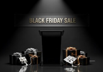Fototapeta premium Black Friday Sale Podium with Gift Boxes and Spotlight.