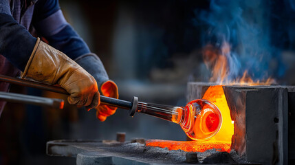 A glassblower shaping molten glass at the furnace, orange glow reflected on face — blured background, with copy space.
