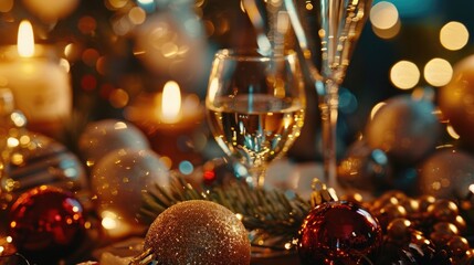 A festive table setting with a glass of white wine, sparkling ornaments, candles, and twinkling lights. Perfect for New Year and Christmas celebrations