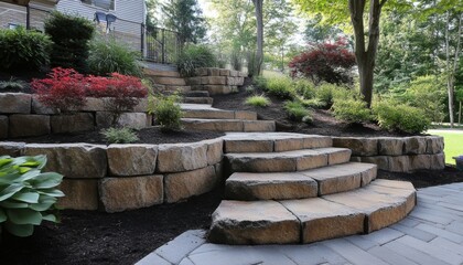 Obraz premium A curved stone staircase ascends a garden slope, flanked by retaining walls and lush greenery, including red and green plants.