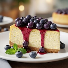 Delicious Blueberry Cheesecake Slice with Fresh Berries and Mint.