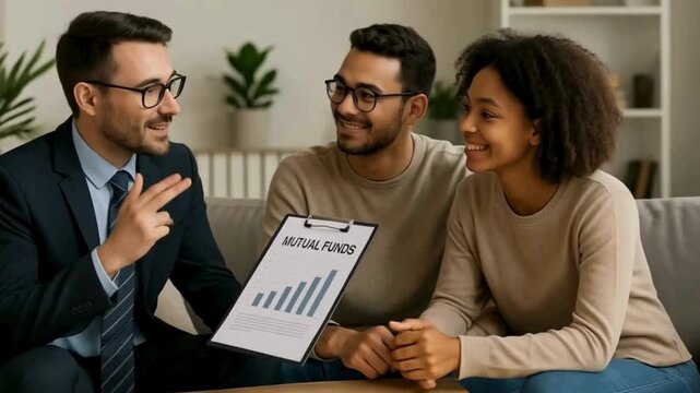 Financial advisor presenting mutual funds to young couple for investment success