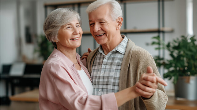An elderly couple dancing slowly in their living room, nostalgic atmosphere — blured background, with copy space. - Powered by Adobe