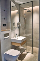 Modern Bathroom Interior Featuring Sleek Shower, Stylish Sink, and Elegant Fixtures for a Luxurious and Functional Space