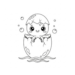 Cute baby octopus hatching from an egg, outline illustration for coloring