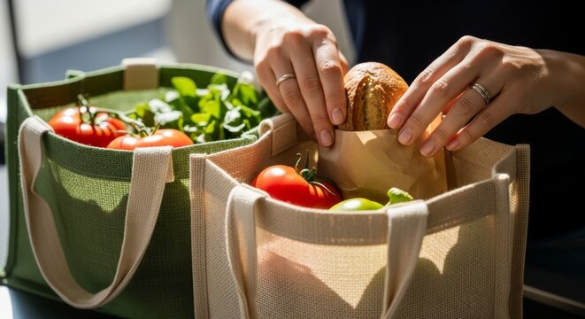 Closeup hands pack tomatoes, greens, and bread into reusable shopping bags at checkout retail, bright eco-friendly vibe with clean lifestyle style. - Powered by Adobe