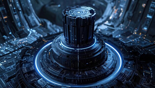 Intricate, futuristic cylindrical structure, showcasing detailed mechanical components, illuminated by a brilliant neon-blue light, creates a high-tech, immersive and visually stunning scene.
