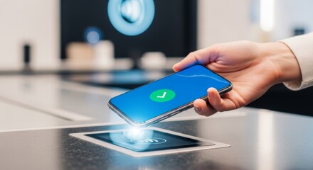 Close-up of a smartphone tapping to pay on an NFC reader at a sleek checkout counter, green checkmark confirming secure cashless transaction.