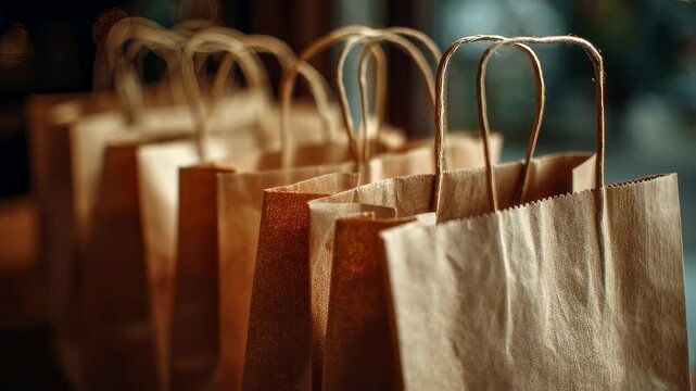 Medium shot of recycled paper gift bags stacked neatly emphasizing texture while the environment around fades softly out of focus.