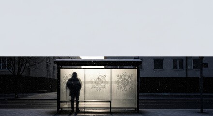 Anonymous silhouette of a person standing at a backlit bus shelter with frosted snowflake-decorated glass panels during the first snowfall in an urban setting.
