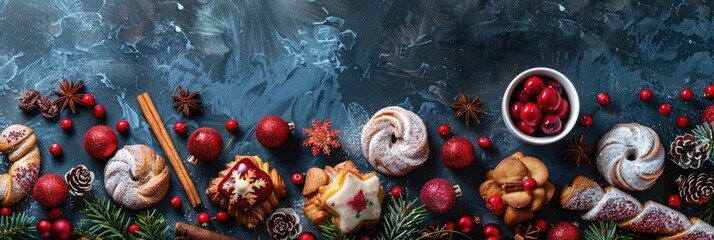 A festive arrangement of Christmas treats, pastries, red berries, cinnamon sticks, and pine cones on a dark surface. Perfect for holiday celebrations, horizontal banner, copy space, free space for tex