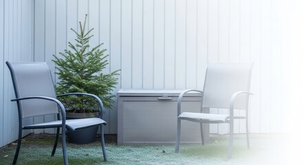 Minimal backyard patio with two chairs, storage box, and potted evergreen lightly frosted after first snowfall, calm Scandinavian outdoor vibe.