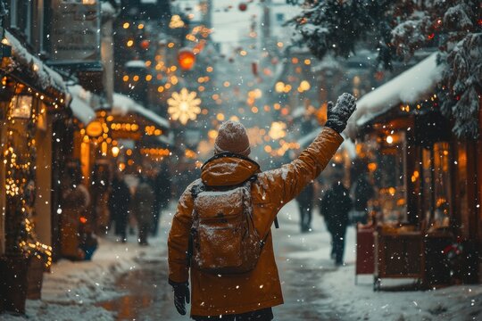 Person in yellow jacket and black pants standing on snowy street.