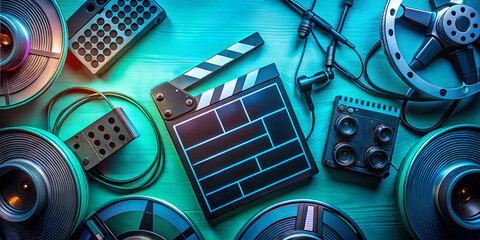 Various movie production tools are displayed on a teal surface. The scene includes a clapperboard, film reels, audio equipment, and cables, creating a creative atmosphere