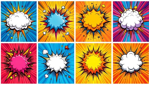 Comic book style speech bubbles on vibrant backgrounds