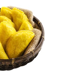 fried corn fingers, fried corn flour pastry, isolated white background, copy space