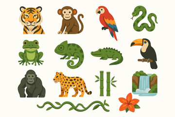 Obraz premium Colorful jungle animals and plants collection with tiger, monkey, parrot, and more