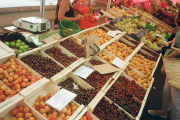 fruit and veggie stand in town in France