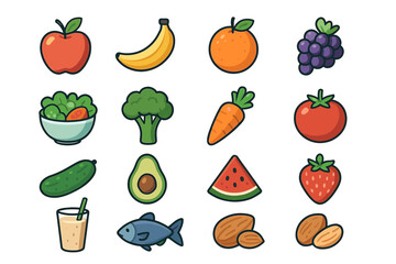 Fototapeta premium Colorful cartoon illustrations of various fruits and vegetables with healthy food icons