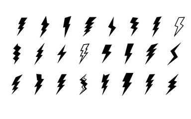 Lightning bolt icon. Flash symbol, thunderbolt, blitz lightnings strike sign. Electric energy black silhouettes, power concept. Vector isolated dynamic sports logo set 
