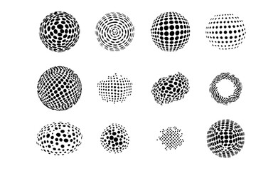 Halftone Dot Sphere and Geometric Shape Vector Set. Abstract Black and White Dispersed Circle Collection. Modern Digital Background Elements for Technology, Science, Data, and Corporate Branding.


