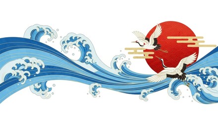 Japanese Waves, Cranes, and Rising Sun Illustration.