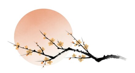Elegant Sumi-e Painting of Plum Blossoms Against a Soft Sunset.