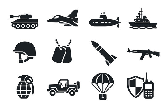 Military icons collection: tanks, aircraft, submarine, warship, and more