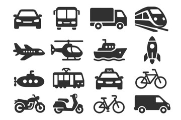 Fototapeta premium Silhouettes of various modes of transportation including car, bus, train, and bicycle