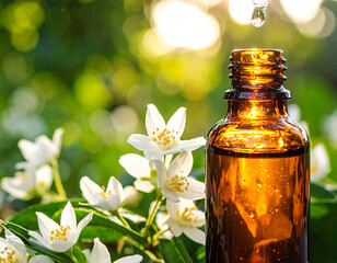 Jasmine (Jasminum grandiflorum) óleo essencial, frasco de vidro entre flores de Jasmin, Conta-gotas, natureza, Aromaterapia
