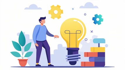 A man standing next to a illuminated light bulb, brainstorming ideas for a puzzle, A man working with puzzle bulb idea, Simple and minimalist flat 2d Animation