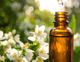 Field Flower Jasmine Jasminum grandiflorum amber glass bottle with a glass dropper pipette dropping a drop essence oil essential aromatherapy