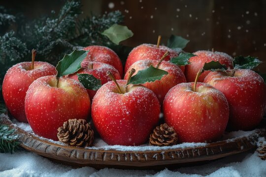 Snow-covered apples in bowl.