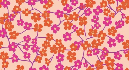 Floral pattern with orange and pink flowers on branches.