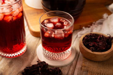 Hibiscus cooler. In Mexico, known as Agua de Jamaica, an infusion made from the hibiscus flower (Hibiscus sabdariffa), which is said to have multiple health benefits. It can be enjoyed hot or cold.