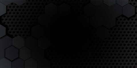 3d hexagonal abstract metal black background with neon light. dark banner template for web and wallpaper © Qiana