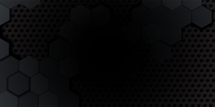 3d hexagonal abstract metal black background with neon light. dark banner template for web and wallpaper