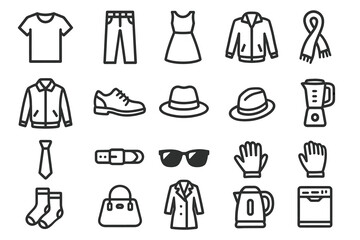Collection of clothing and accessories icons: outfits, shoes, hats, bags, appliances, and more