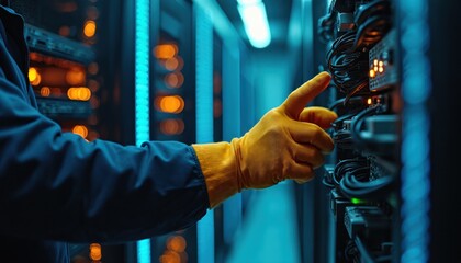 Technician in yellow gloves checks server rack wiring. Data center with glowing lights and cables. IT specialist manages network hardware. Computer systems maintenance. Tech support and repair.