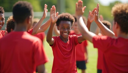 Young athletes in red uniforms give high-fives on a sunny field celebrating win. Diverse group of kids shows teamwork, joy, and sportsmanship after game.