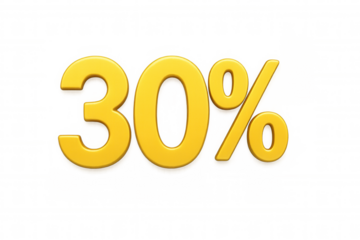 30 percent yellow text with a three-dimensional effect, symbolizing savings, discounts, and promotions. Features a transparent background