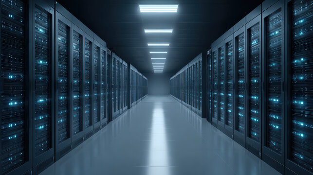 High tech data center corridor with rows of server rack and blue indicator light creating futuristic atmosphere