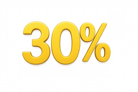 30 percent yellow text with a three-dimensional effect, symbolizing savings, discounts, and promotions. Features a transparent background - Powered by Adobe