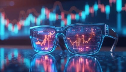 Smart glasses display stock market charts and data analysis. Futuristic tech visualizes financial trends and investment predictions for better decision making.