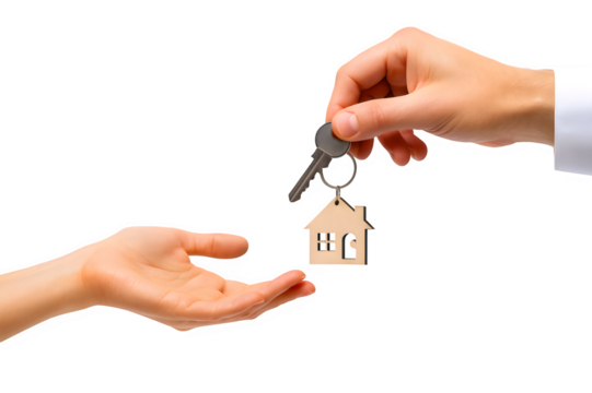 Real Estate Agent Hand Giving House Keys to New Homeowner – Isolated on Transparent Background PNG for Property, Mortgage, and Home Ownership Design